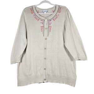 Breckenridge Cardigan 2X Beige Embroidered Sequin Knit 3/4 Sleeve Grannycore